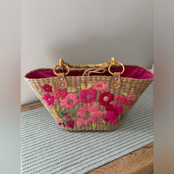 Handbags - Vintage Woven Floral Embroidered Bohemian Bag with Bamboo Handles